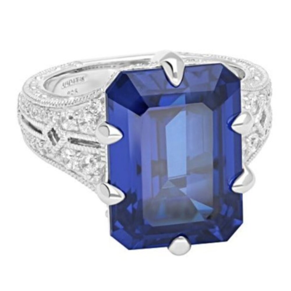 Judith Ripka 11CT Blue Sapphire Rhodium Over Sterling Silver Estate Ring Size 11